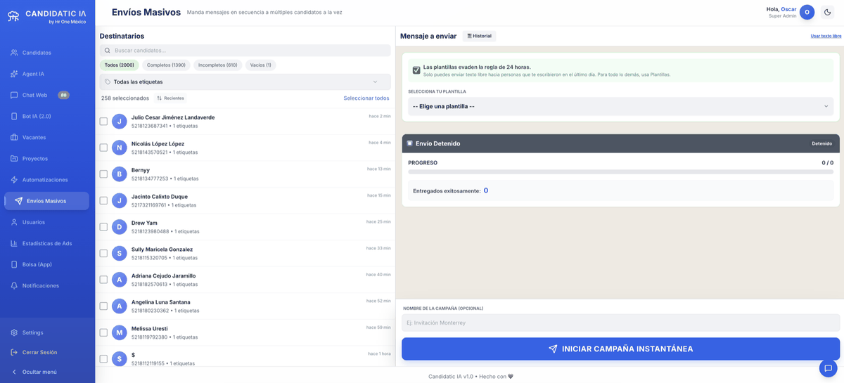 Pantalla de envíos masivos de WhatsApp en Candidatic IA para reactivar tu base de candidatos con un clic, tecnología propia de HR One